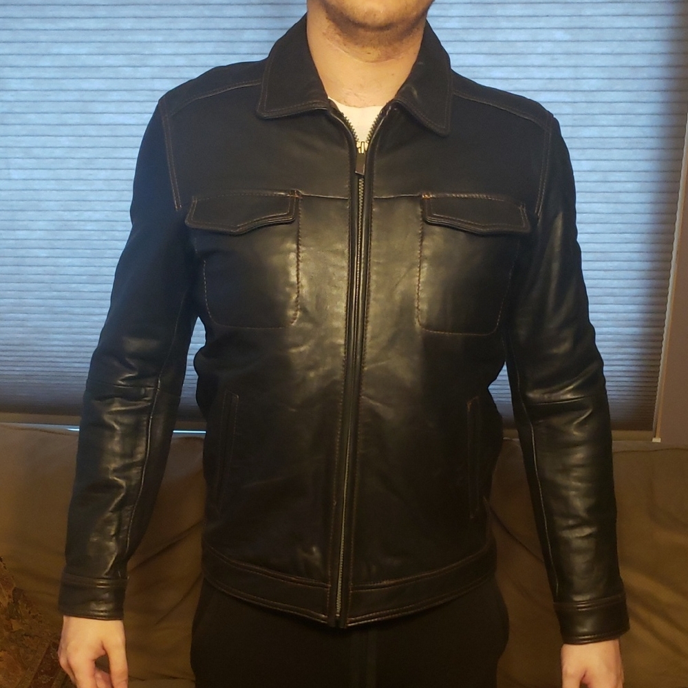 Perry Ellis Black Leather Military Jacket